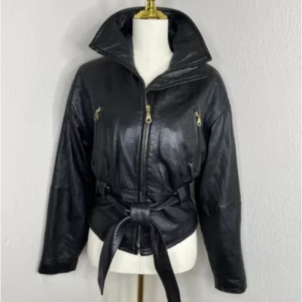 SOLD Vintage Wilson’s leather Jacket Coat Black High Collar Tie Waist Pockets